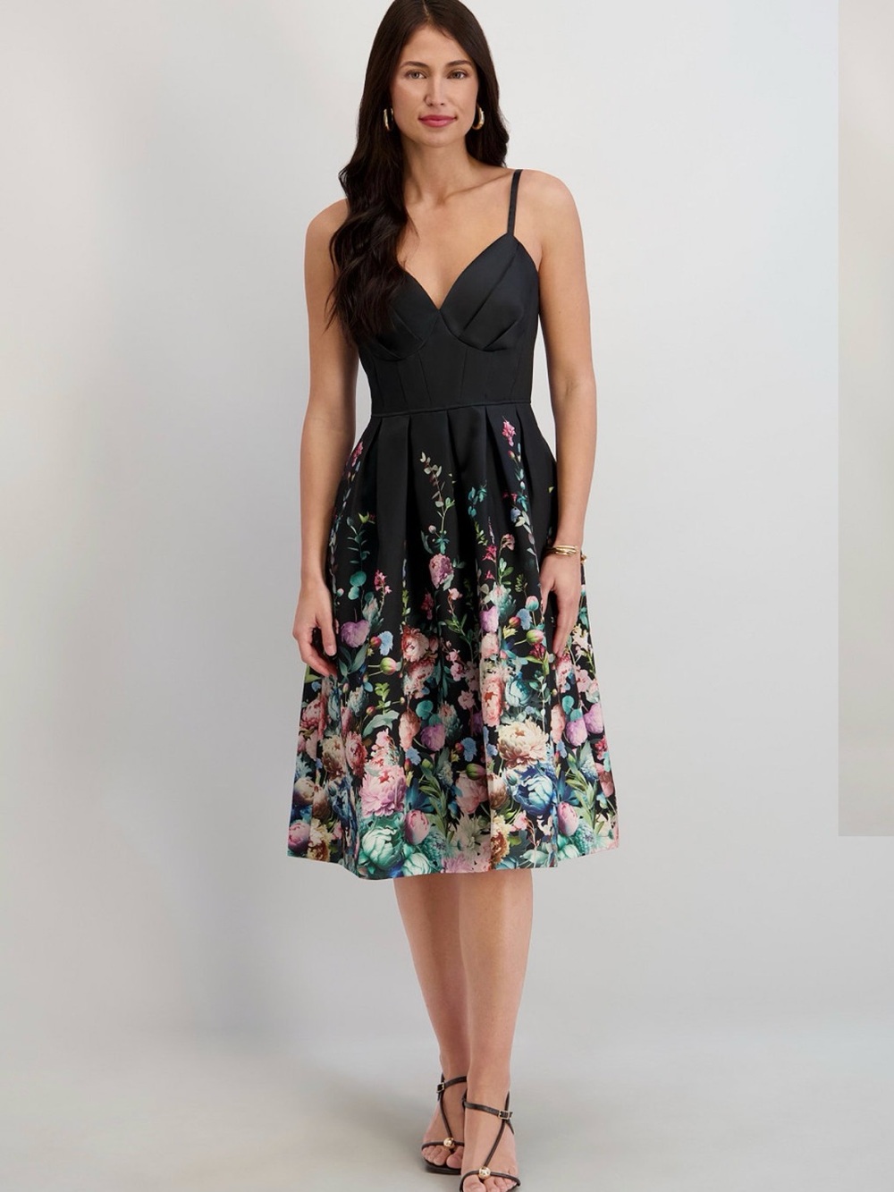 Siena Studio Black Floral Midi Dress with Pink & Green Accents